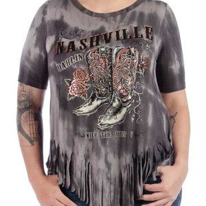 Liberty Wear Nashville Darlin’ Graphic Fringe Tee | 2XL | Charcoal Mineral Wash